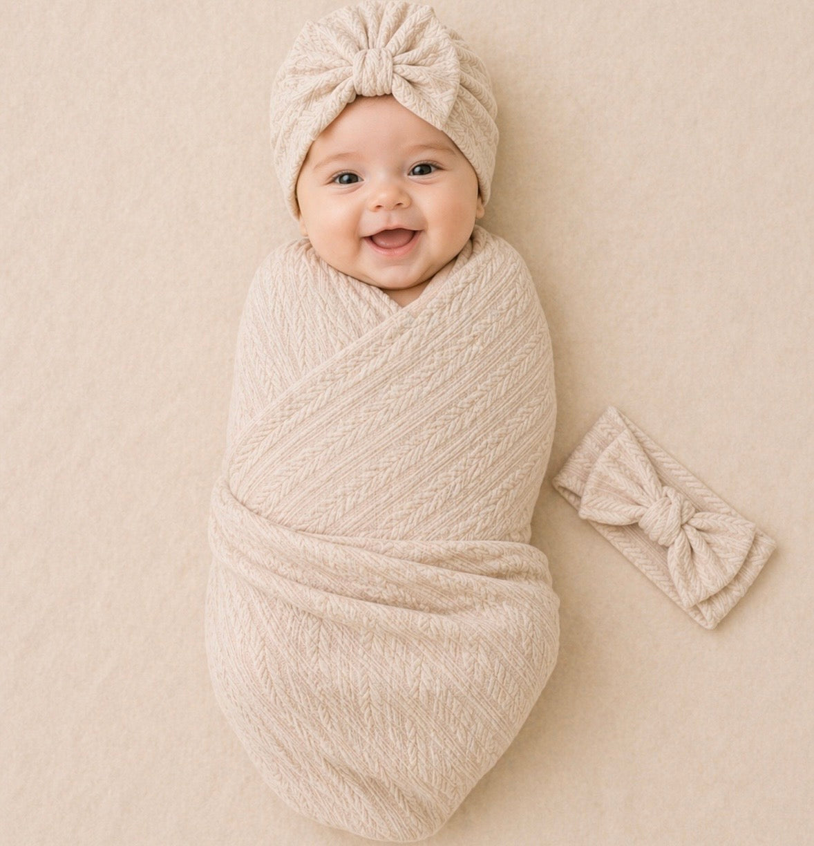 B&B Little Angels 3-Piece Baby Girl Swaddle Set – Soft Knit Blanket, Bow Hat & Headband