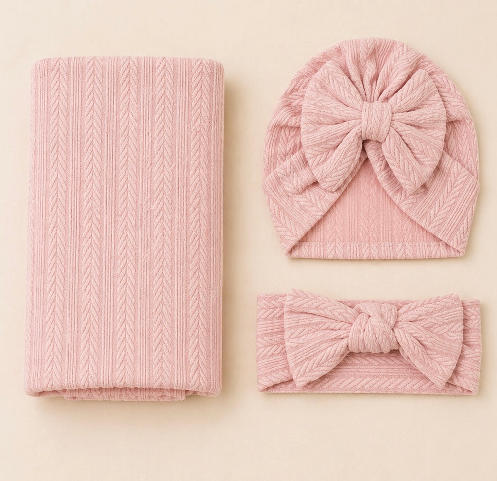 B&B Little Angels 3-Piece Baby Girl Swaddle Set – Soft Knit Blanket, Bow Hat & Headband