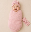 B&B Little Angels 3-Piece Baby Girl Swaddle Set – Soft Knit Blanket, Bow Hat & Headband