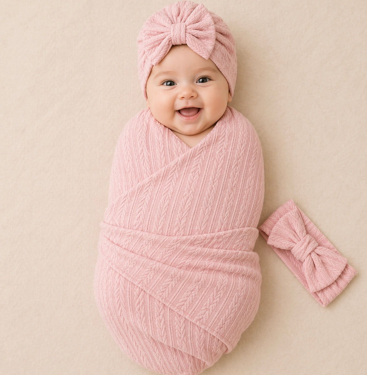 B&B Little Angels 3-Piece Baby Girl Swaddle Set – Soft Knit Blanket, Bow Hat & Headband