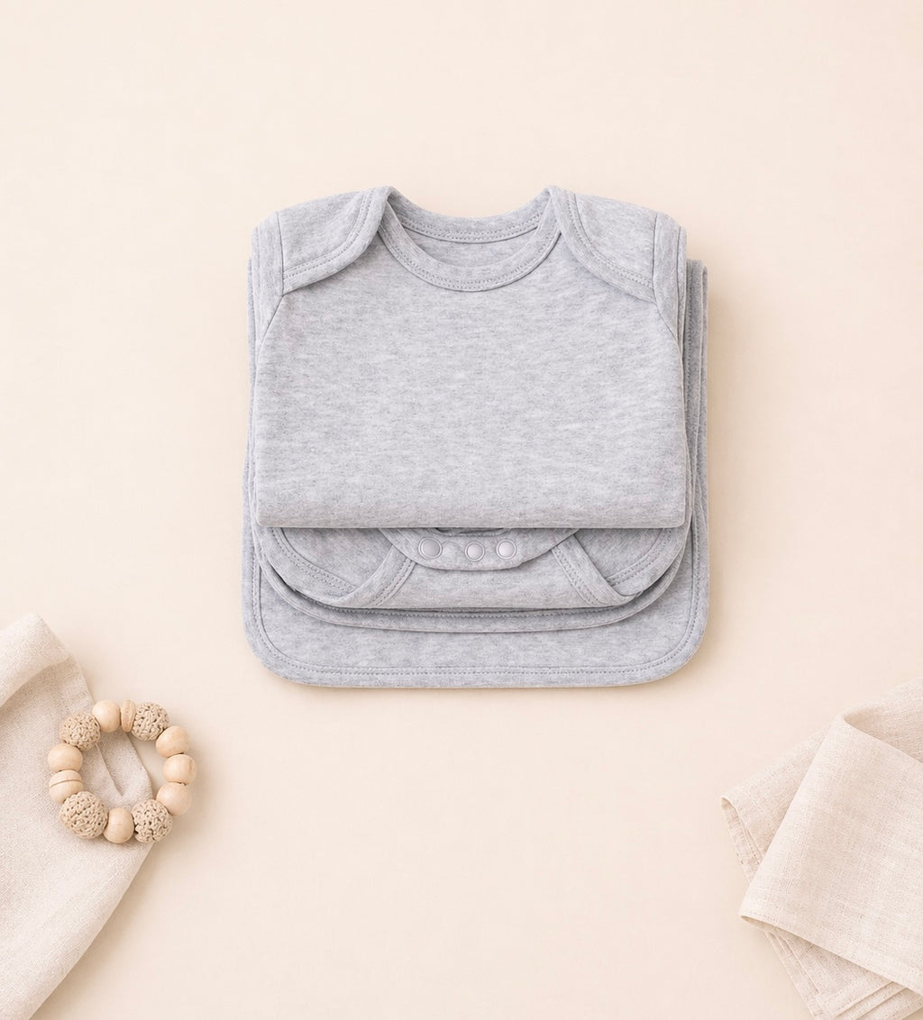 B&B Little Angels 4-Piece Baby Set – Bodysuit & Matching Bib (Heather Gray)