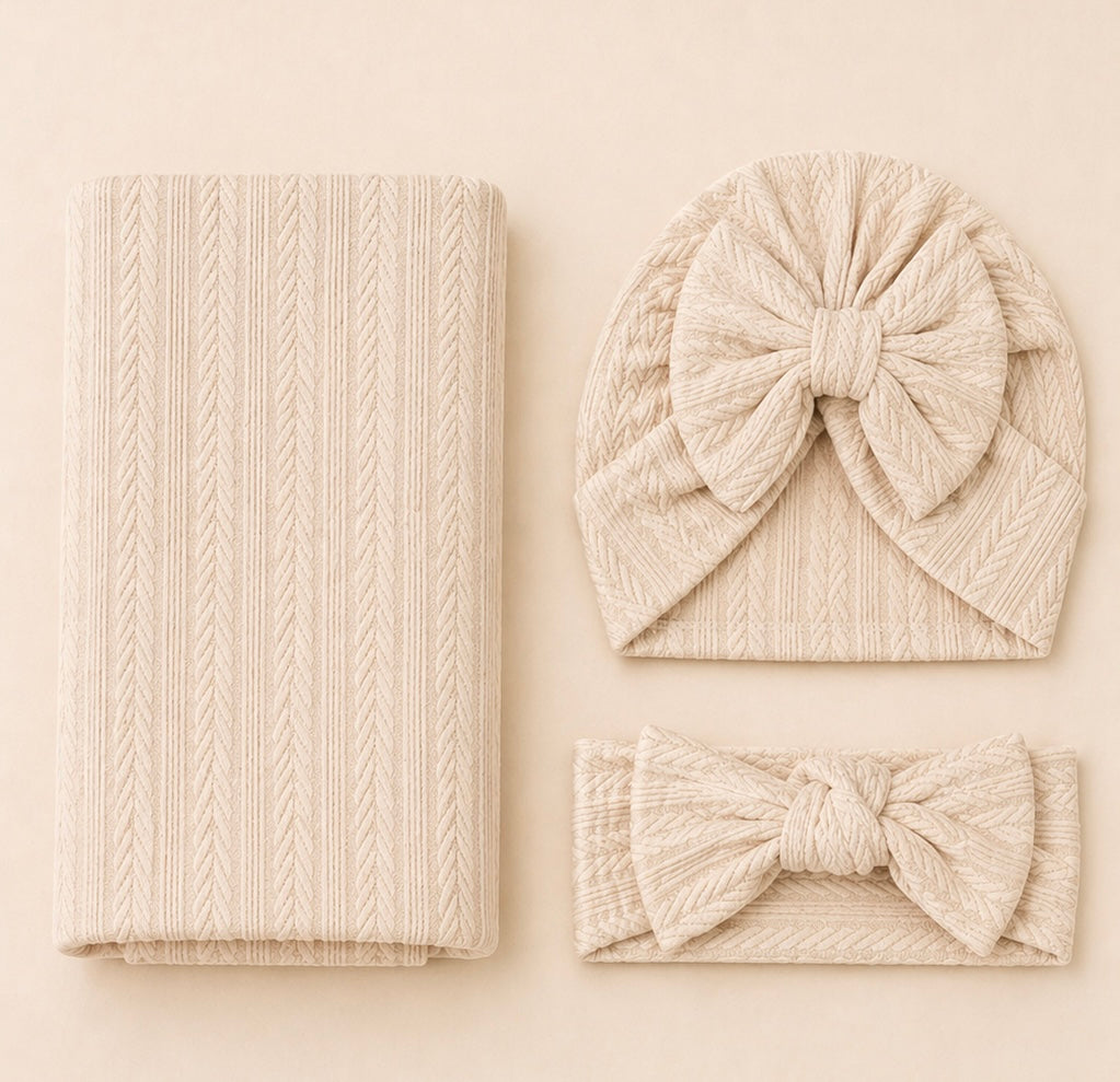 B&B Little Angels 3-Piece Baby Girl Swaddle Set – Soft Knit Blanket, Bow Hat & Headband