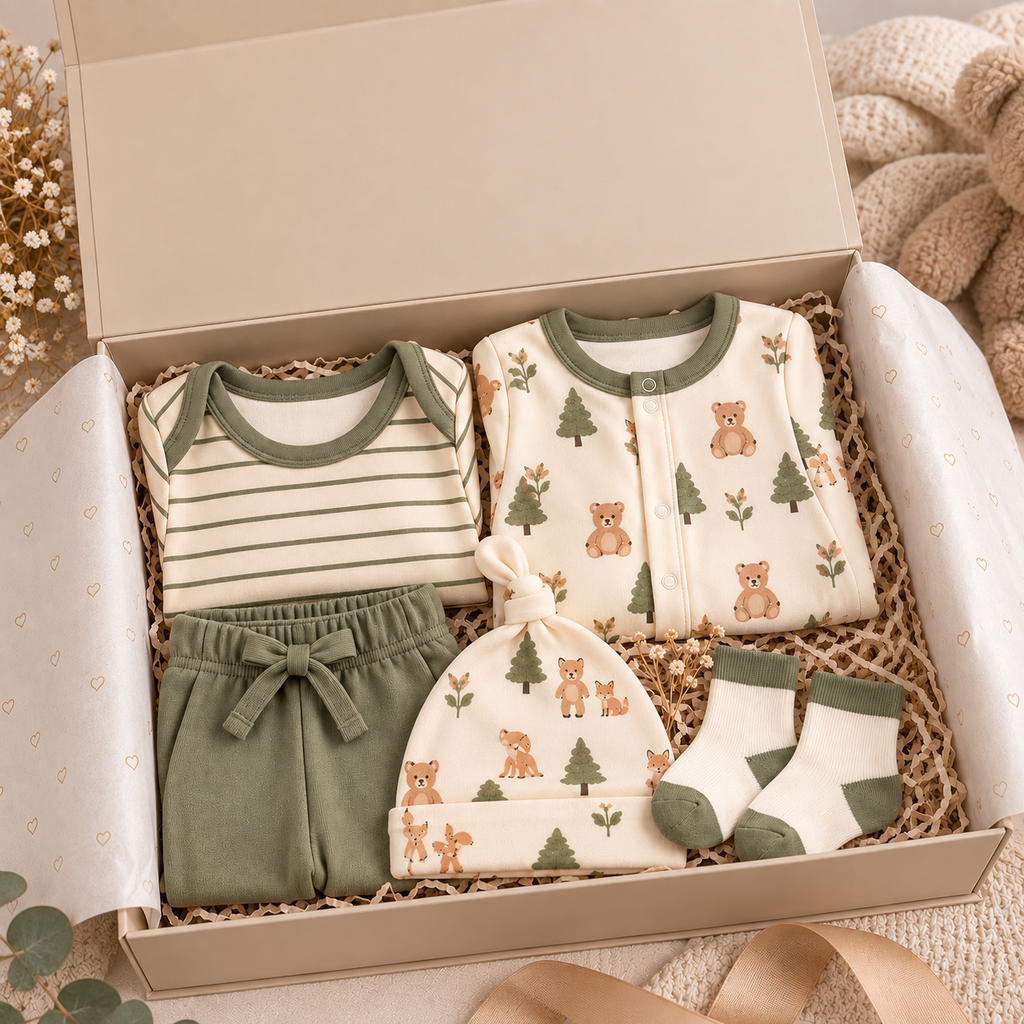Forest Friends Baby Gift Set – 6-Piece Organic-Inspired Newborn Outfit Set