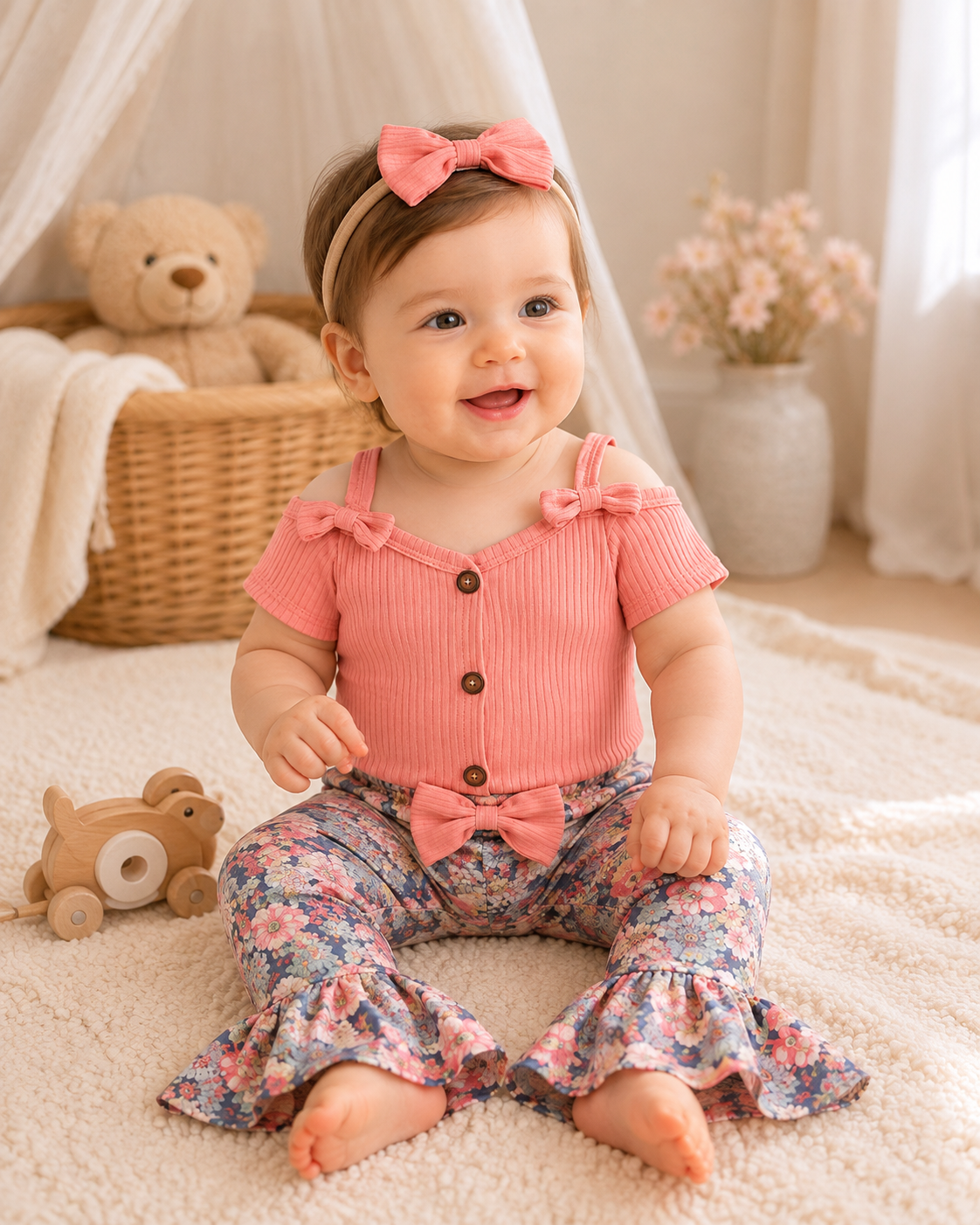 Baby Girl Floral Bell Bottom Outfit Set | Pink Ribbed Bodysuit & Floral Pants