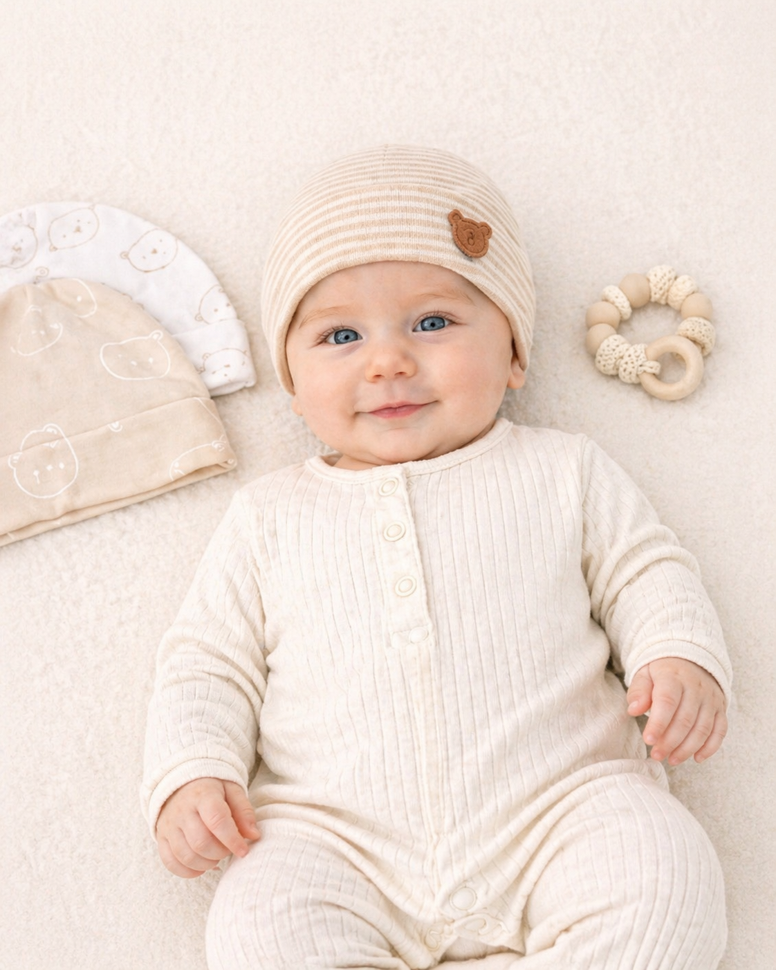 B&B Little Angels Neutral Baby Beanie Set – Soft Cotton Essentials (3 Pack)