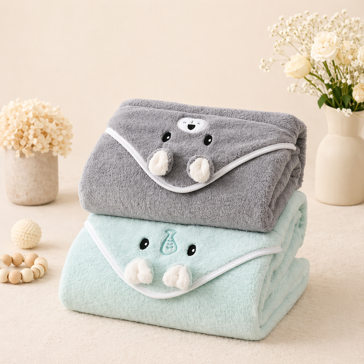 B&B Little Angels Hooded Baby Towel Set – Soft Animal Design (2-Pack)