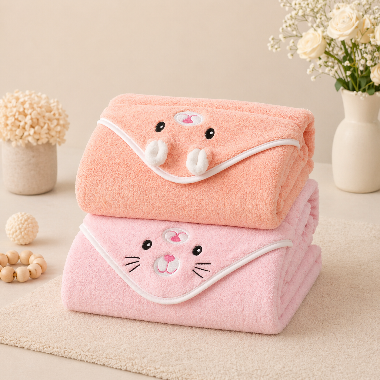 B&B Little Angels Hooded Baby Towel Set – Soft Animal Design (2-Pack)
