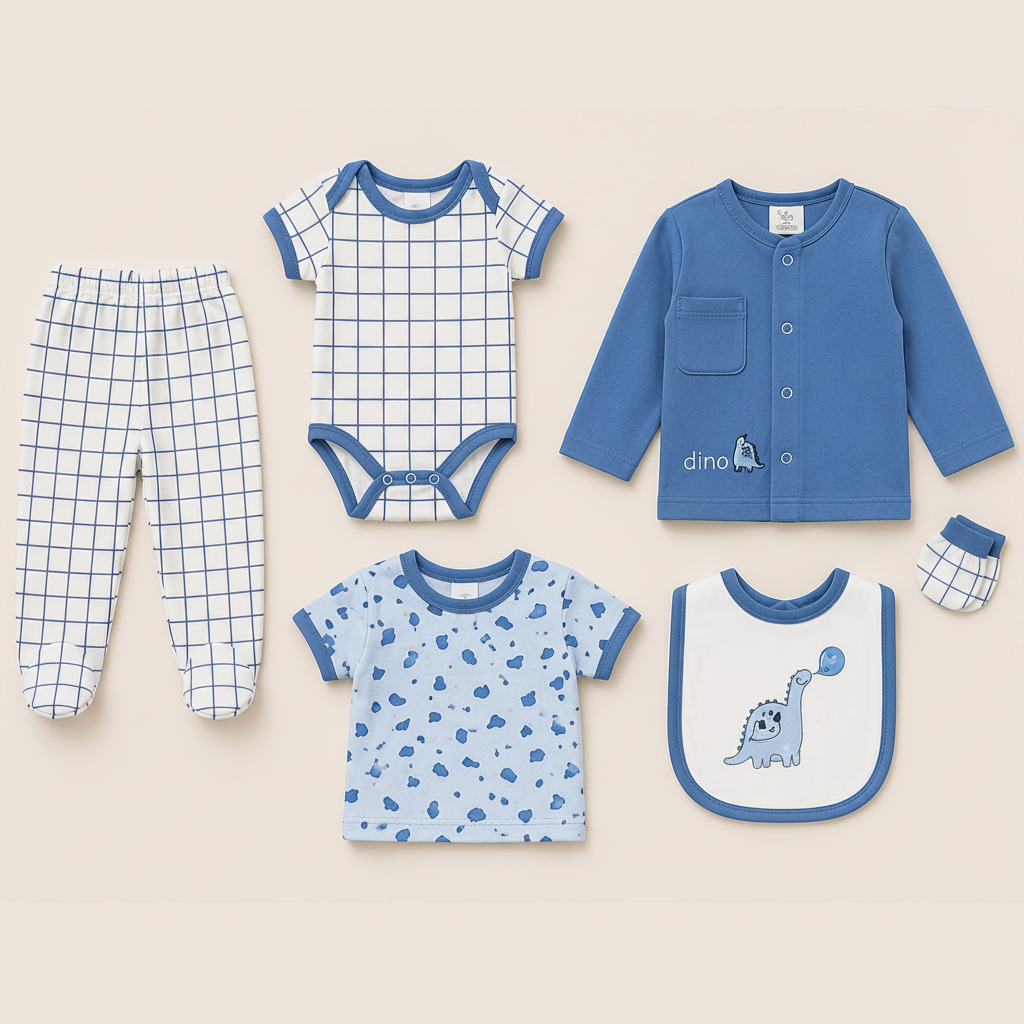 B&B Little Angels Dino Blue 6-Piece Baby Set | 100% Cotton