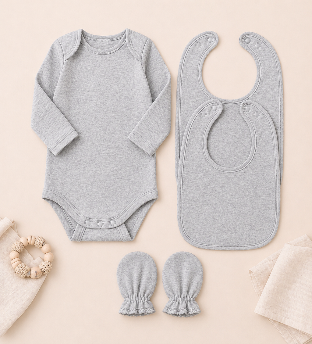 B&B Little Angels 4-Piece Baby Set – Bodysuit & Matching Bib (Heather Gray)