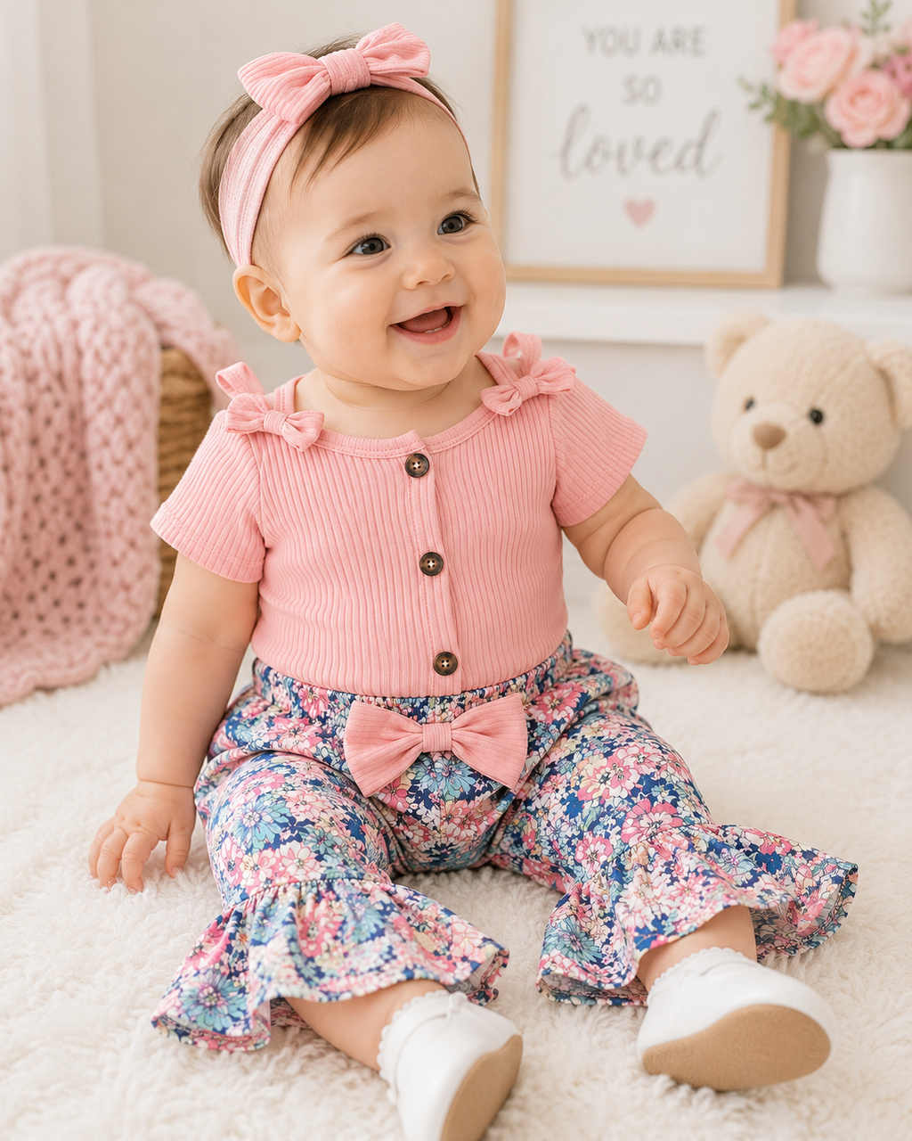 🌸 Baby Girl Floral Bell Bottom Outfit Set | Pink Ribbed Bodysuit & Floral Pants