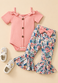 🌸 Baby Girl Floral Bell Bottom Outfit Set | Pink Ribbed Bodysuit & Floral Pants