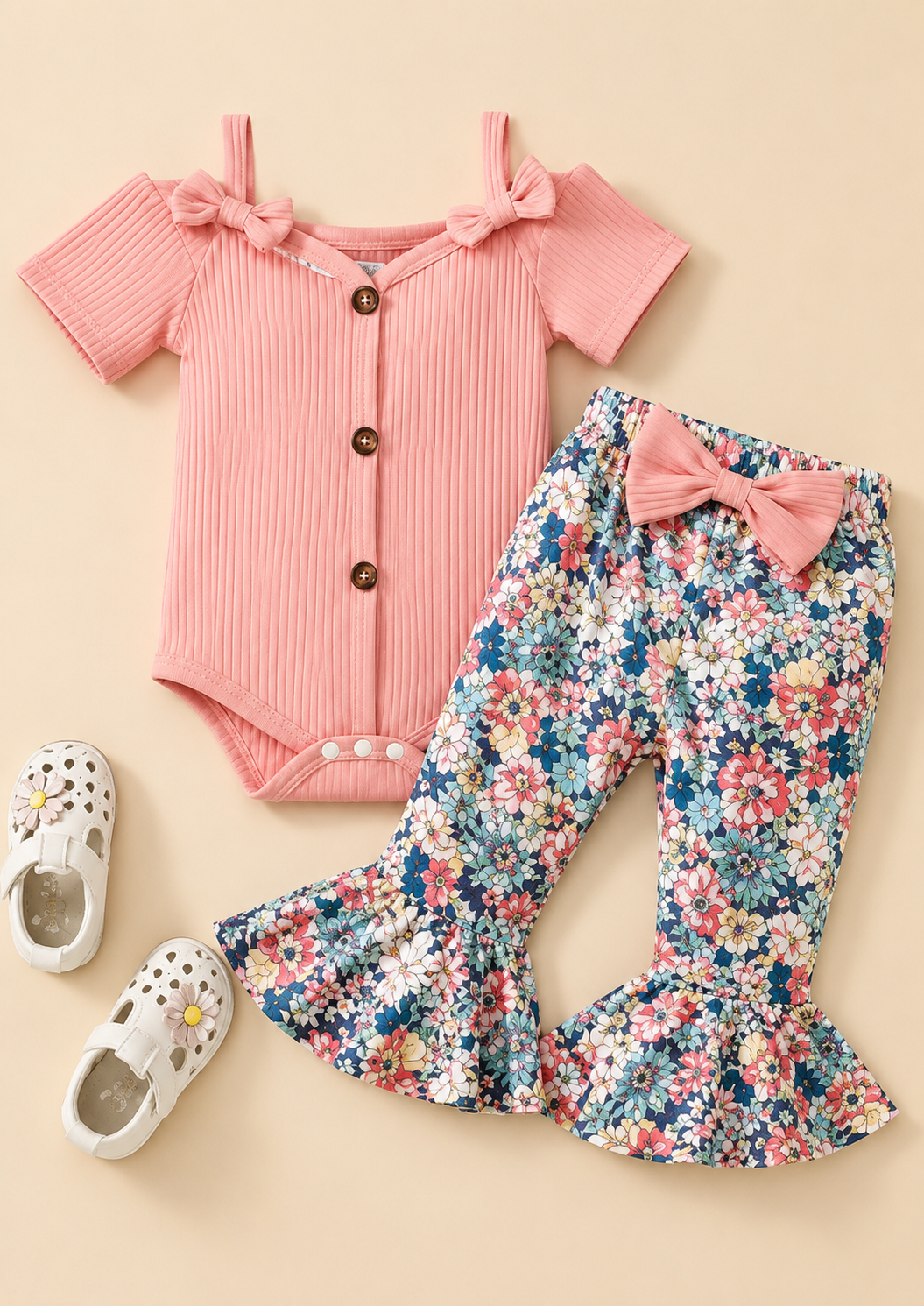 🌸 Baby Girl Floral Bell Bottom Outfit Set | Pink Ribbed Bodysuit & Floral Pants