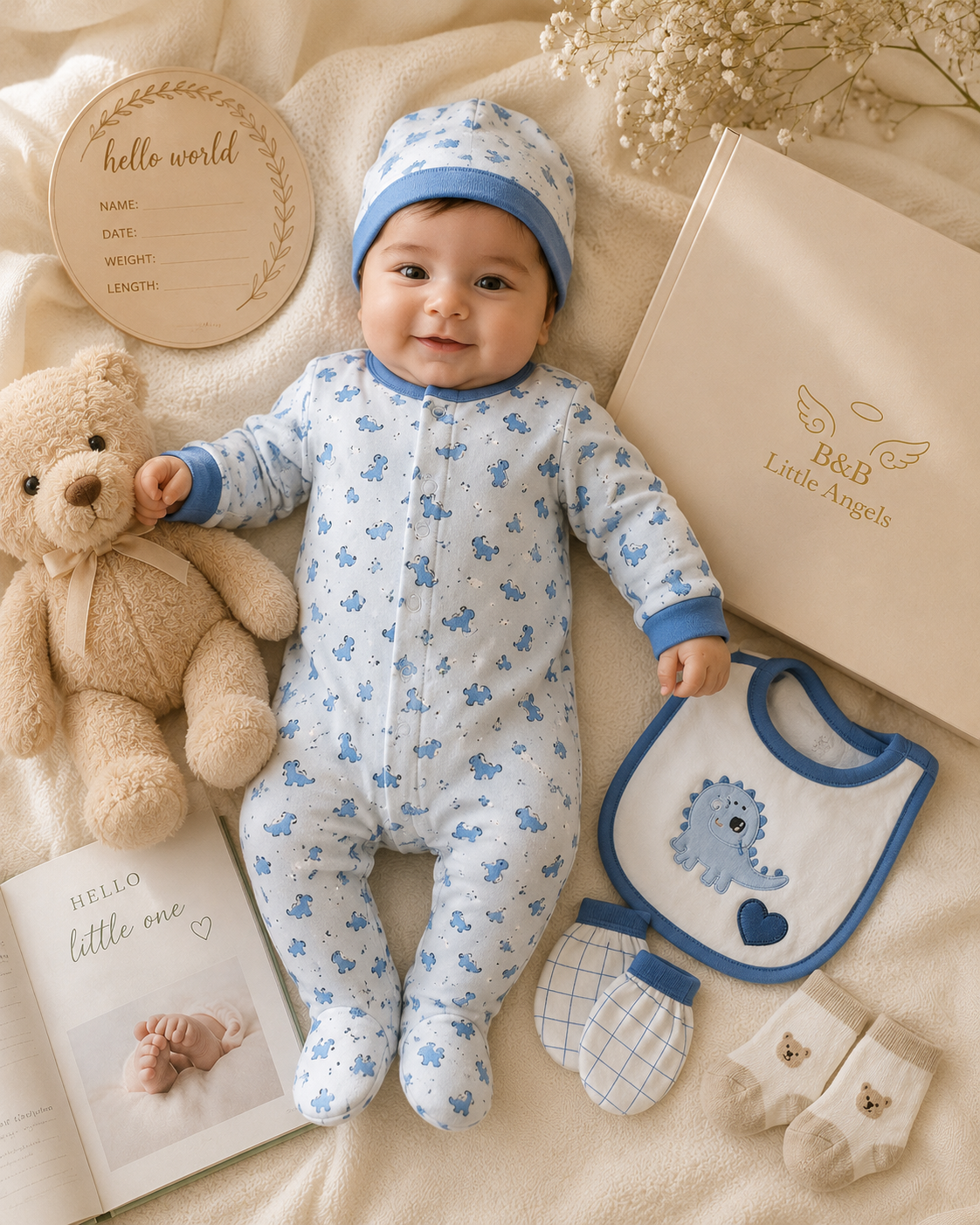 B&B Little Angels Blue Dino 6-Piece Newborn Baby Gift Set – Soft Cotton Essentials